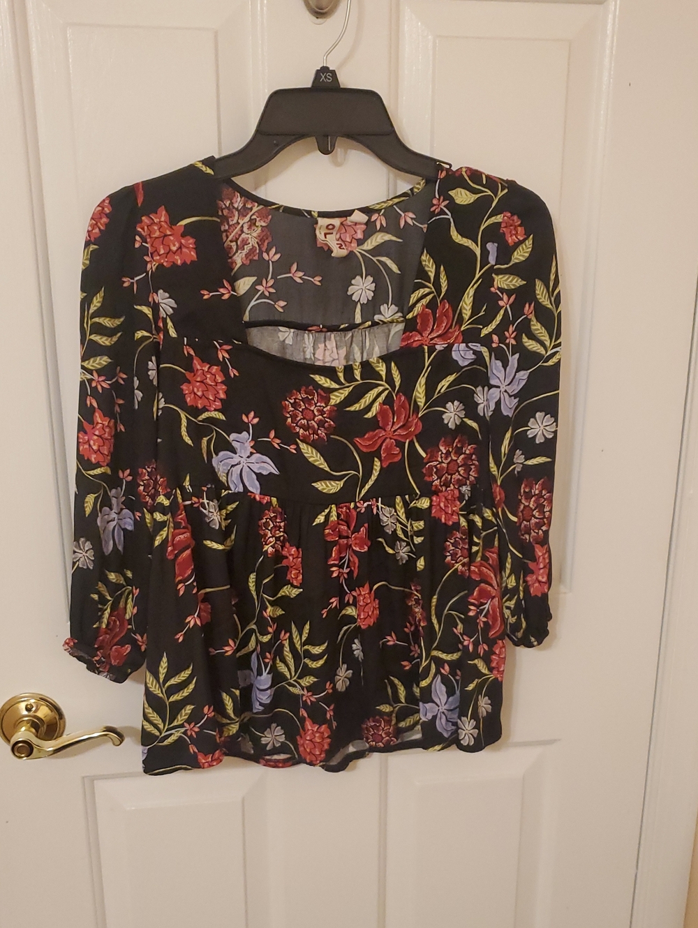 dolan Black Floral Baby Doll Blouse with Red and Lavender Blooms